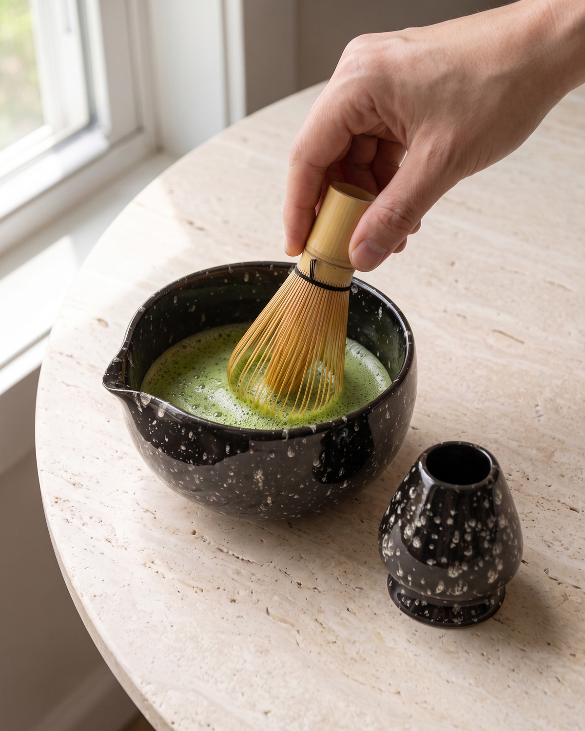 In use: 2-Piece Patterned Matcha Bowl & Holder Set – Speckled Black, hand whisking matcha in the bowl with a bamboo whisk (sold separately), holder beside