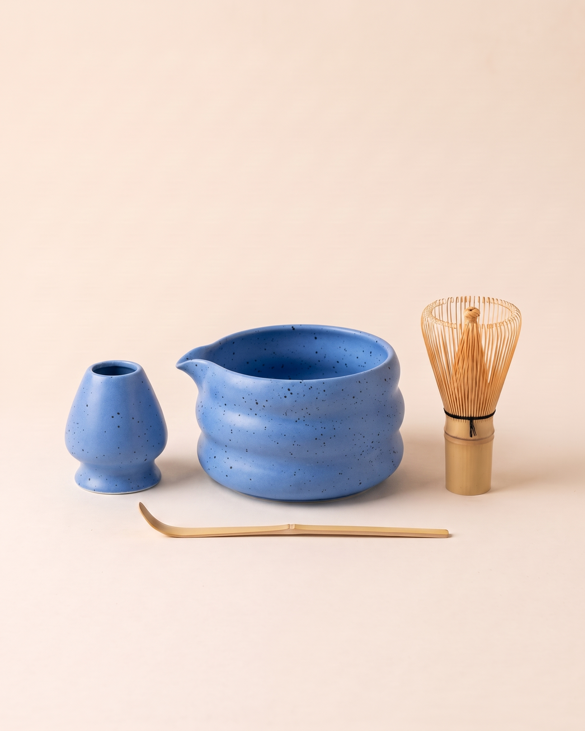 4-Piece Speckled Matcha Set with Bowl, Whisk, Holder & Scoop – Blue