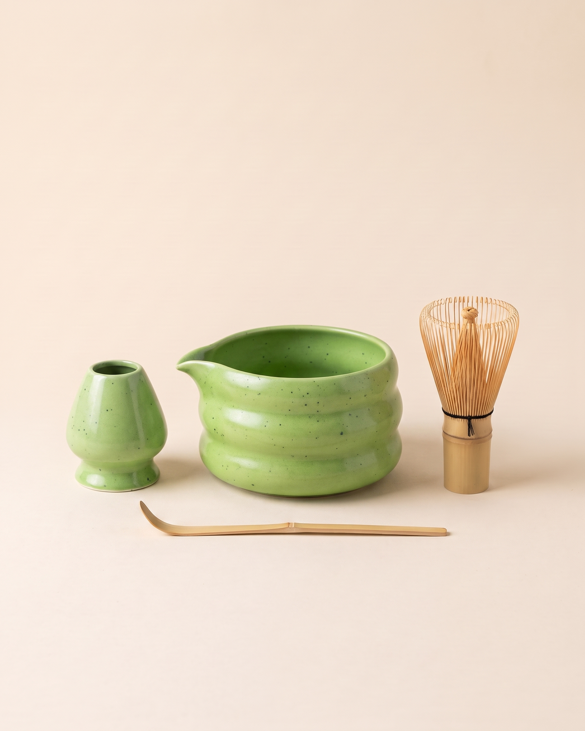 4-Piece Speckled Matcha Set with Bowl, Whisk, Holder & Scoop – Green
