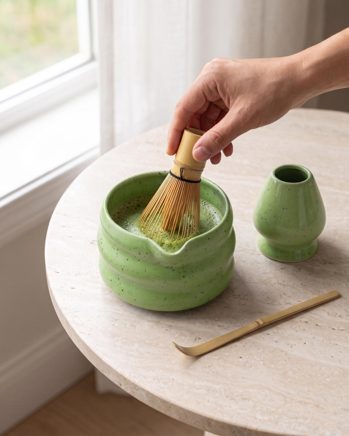 In use: 4-Piece Speckled Matcha Set with Bowl, Whisk, Holder & Scoop – Green, hand whisking matcha in the bowl, holder and scoop beside