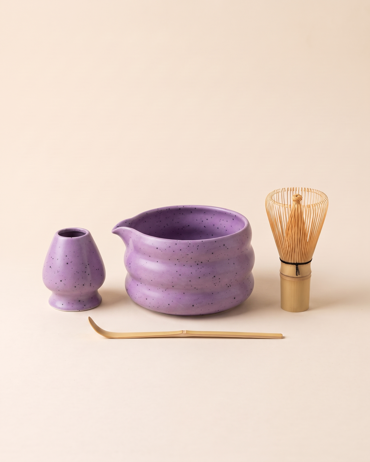 4-Piece Speckled Matcha Set with Bowl, Whisk, Holder & Scoop – Purple