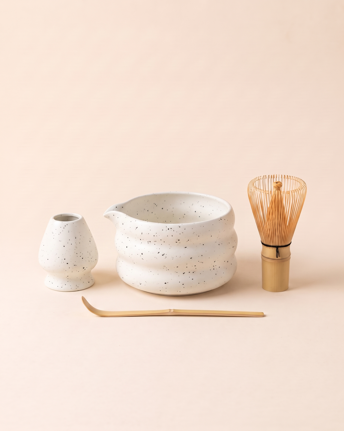 4-Piece Speckled Matcha Set with Bowl, Whisk, Holder & Scoop – White