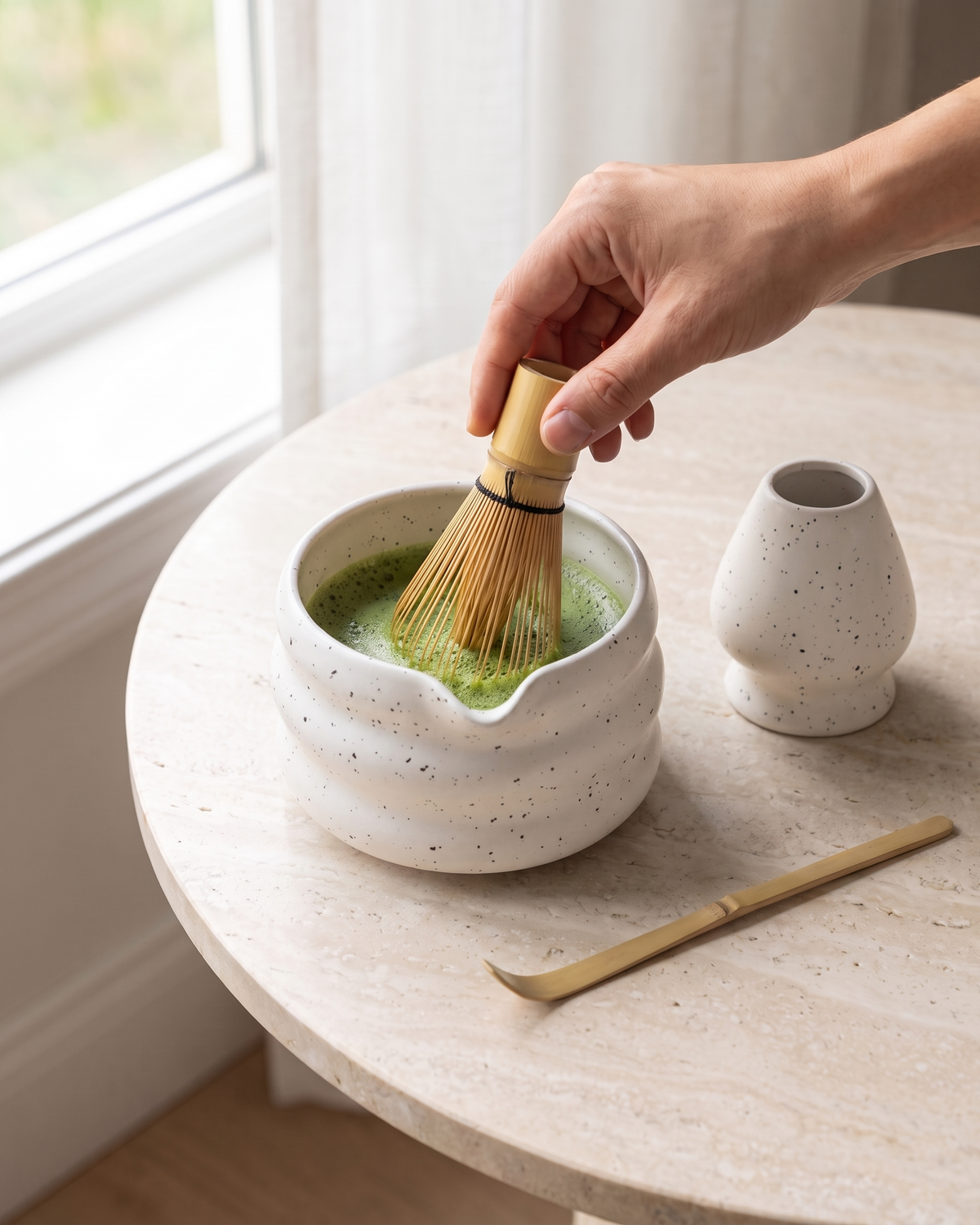 In use: 4-Piece Speckled Matcha Set with Bowl, Whisk, Holder & Scoop – White, hand whisking matcha in the bowl, holder and scoop beside