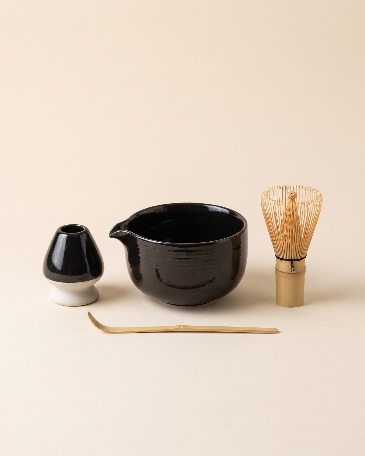 4-Piece Glazed Matcha Set with Bowl, Whisk, Holder & Scoop – Black