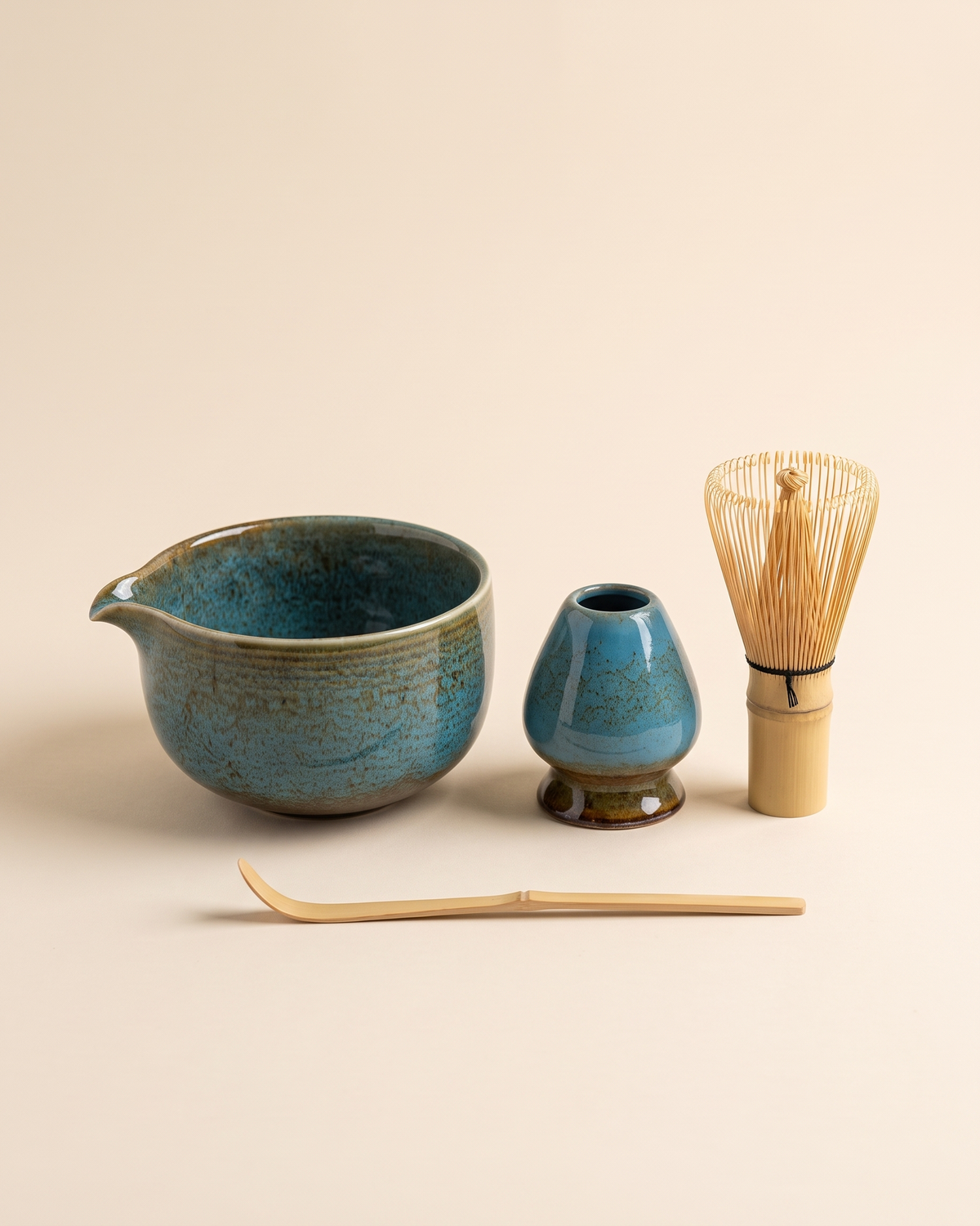 4-Piece Glazed Matcha Set with Bowl, Whisk, Holder & Scoop – Lagoon Blue