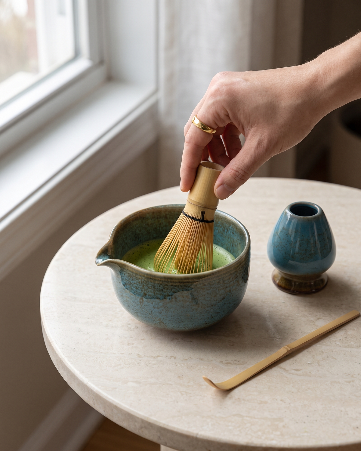 In use: 4-Piece Glazed Matcha Set with Bowl, Whisk, Holder & Scoop – Lagoon Blue, hand whisking matcha in the bowl, holder and scoop beside