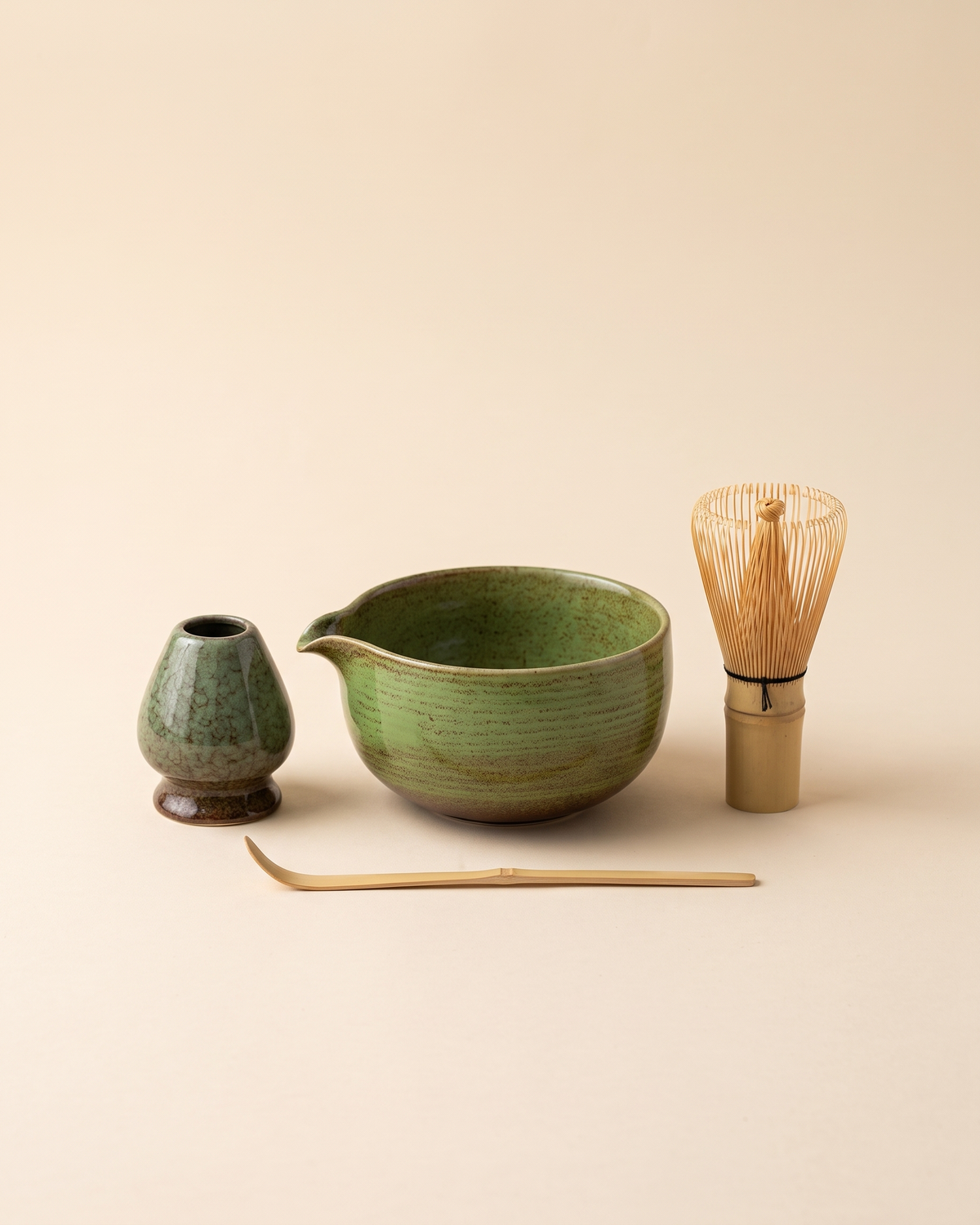 4-Piece Glazed Matcha Set with Bowl, Whisk, Holder & Scoop – Moss Green