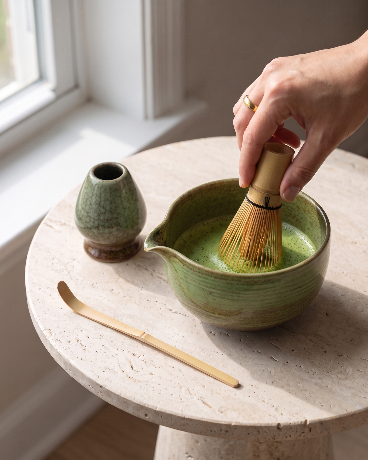 In use: 4-Piece Glazed Matcha Set with Bowl, Whisk, Holder & Scoop – Moss Green, hand whisking matcha in the bowl, holder and scoop beside
