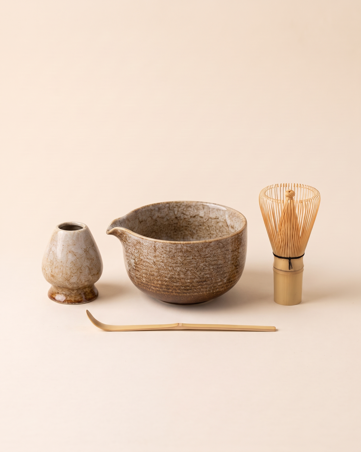 4-Piece Glazed Matcha Set with Bowl, Whisk, Holder & Scoop – Sand
