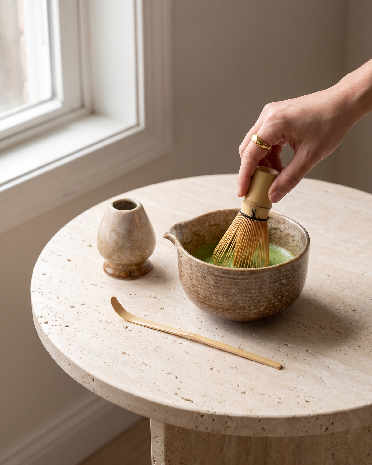 In use: 4-Piece Glazed Matcha Set with Bowl, Whisk, Holder & Scoop – Sand, hand whisking matcha in the bowl, holder and scoop beside