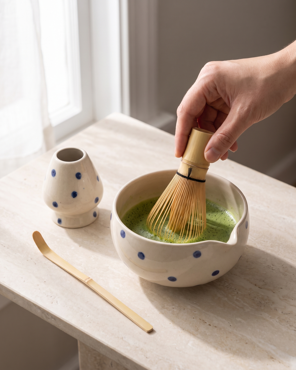 In use: 5-Piece Patterned Matcha Set with Bowl, Whisk, Holder, Scoop & Sifter – Blue Dots, hand whisking matcha in the bowl, holder and scoop beside