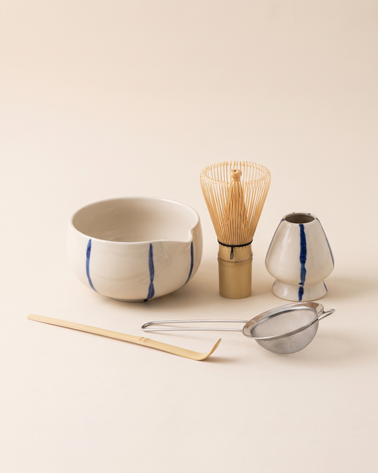 5-Piece Patterned Matcha Set with Bowl, Whisk, Holder, Scoop & Sifter – Blue Stripes