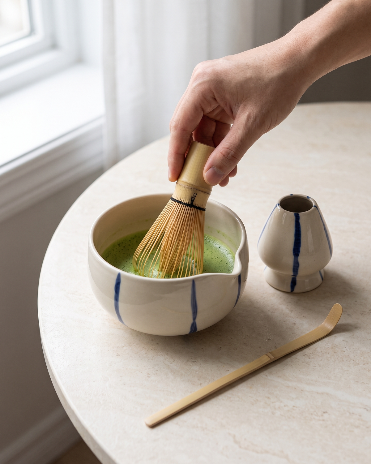 In use: 5-Piece Patterned Matcha Set with Bowl, Whisk, Holder, Scoop & Sifter – Blue Stripes, hand whisking matcha in the bowl, holder and scoop beside