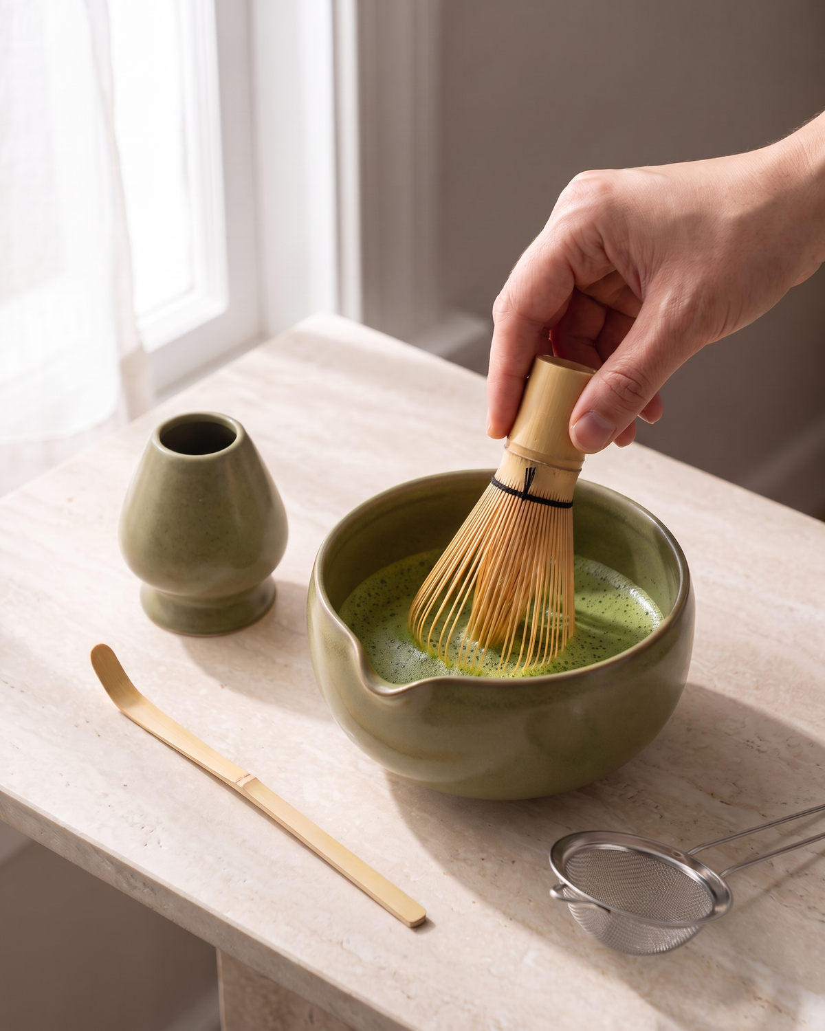 In use: 5-Piece Patterned Matcha Set with Bowl, Whisk, Holder, Scoop & Sifter – Olive, hand whisking matcha in the bowl, holder and scoop beside