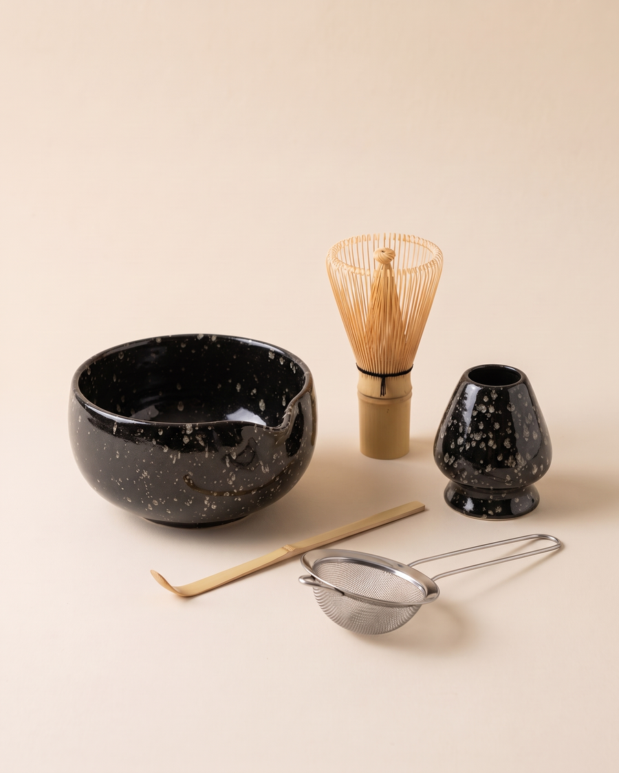5-Piece Patterned Matcha Set with Bowl, Whisk, Holder, Scoop & Sifter – Speckled Black