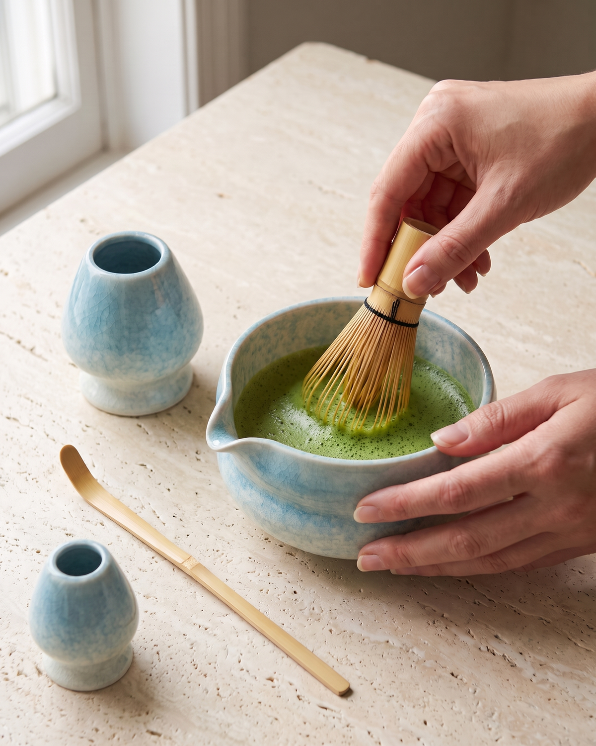 In use: 7-Piece Crackle Matcha Set with Bowl, Whisk, Holder, Scoop, Sifter & Cloth – Crackle Blue, hand whisking matcha in the bowl, holder and scoop beside