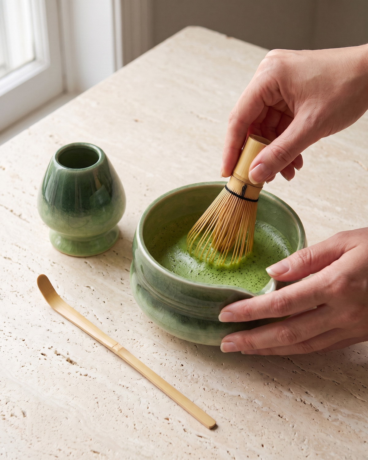 In use: 7-Piece Crackle Matcha Set with Bowl, Whisk, Holder, Scoop, Sifter & Cloth – Crackle Green, hand whisking matcha in the bowl, holder and scoop beside