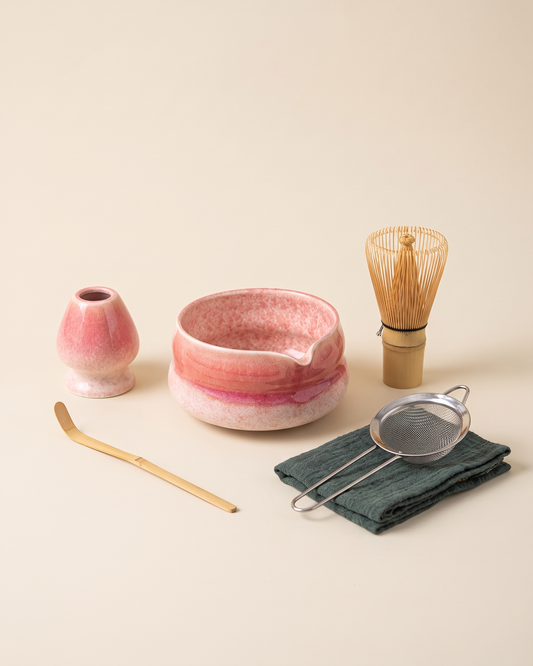 7-Piece Crackle Matcha Set with Bowl, Whisk, Holder, Scoop, Sifter & Cloth – Crackle Pink