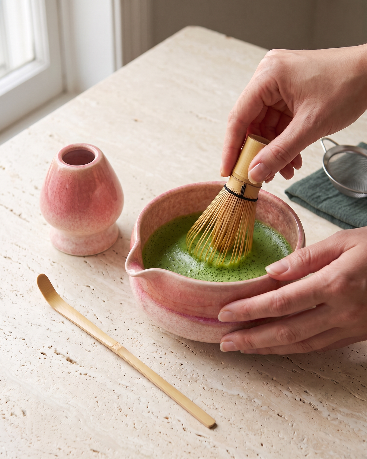 In use: 7-Piece Crackle Matcha Set with Bowl, Whisk, Holder, Scoop, Sifter & Cloth – Crackle Pink, hand whisking matcha in the bowl, holder and scoop beside