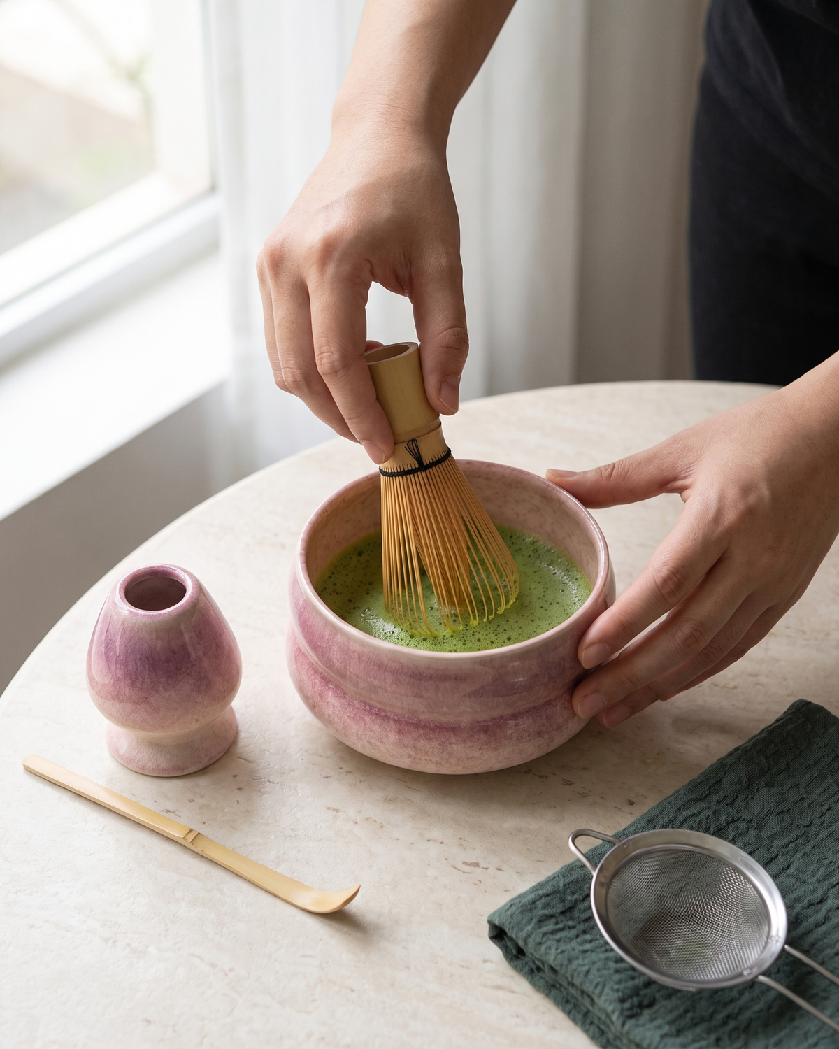 In use: 7-Piece Crackle Matcha Set with Bowl, Whisk, Holder, Scoop, Sifter & Cloth – Crackle Purple, hand whisking matcha in the bowl, holder and scoop beside