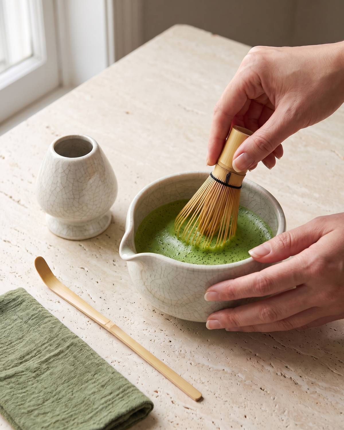 In use: 7-Piece Crackle Matcha Set with Bowl, Whisk, Holder, Scoop, Sifter & Cloth – Crackle White, hand whisking matcha in the bowl, holder and scoop beside