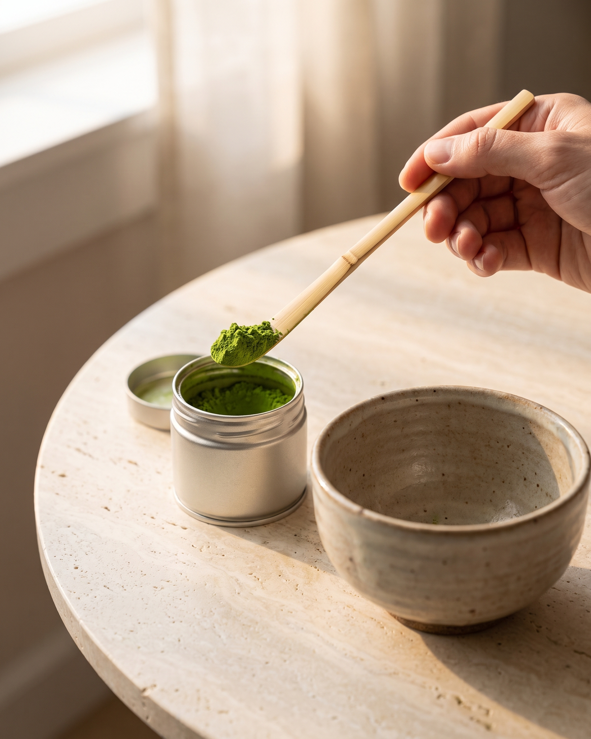 In use: Bamboo Matcha Scoop (Chashaku) – Long 17.5 cm, scooping matcha from a tin