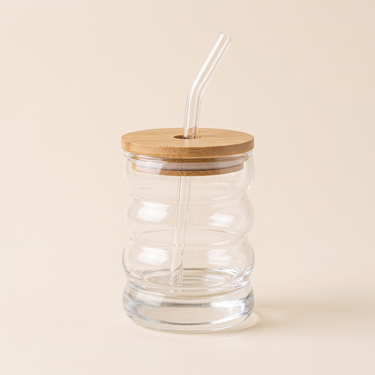 Ripple Glass Matcha Cup with Lid and Straw