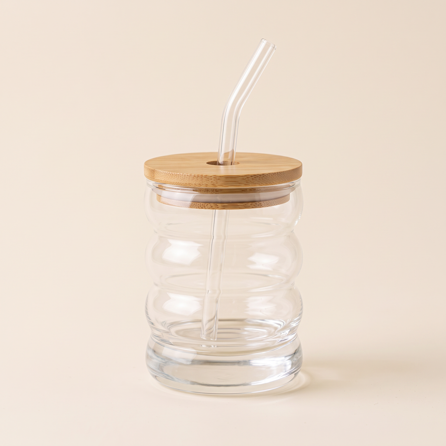 Ripple Glass Matcha Cup with Lid and Straw