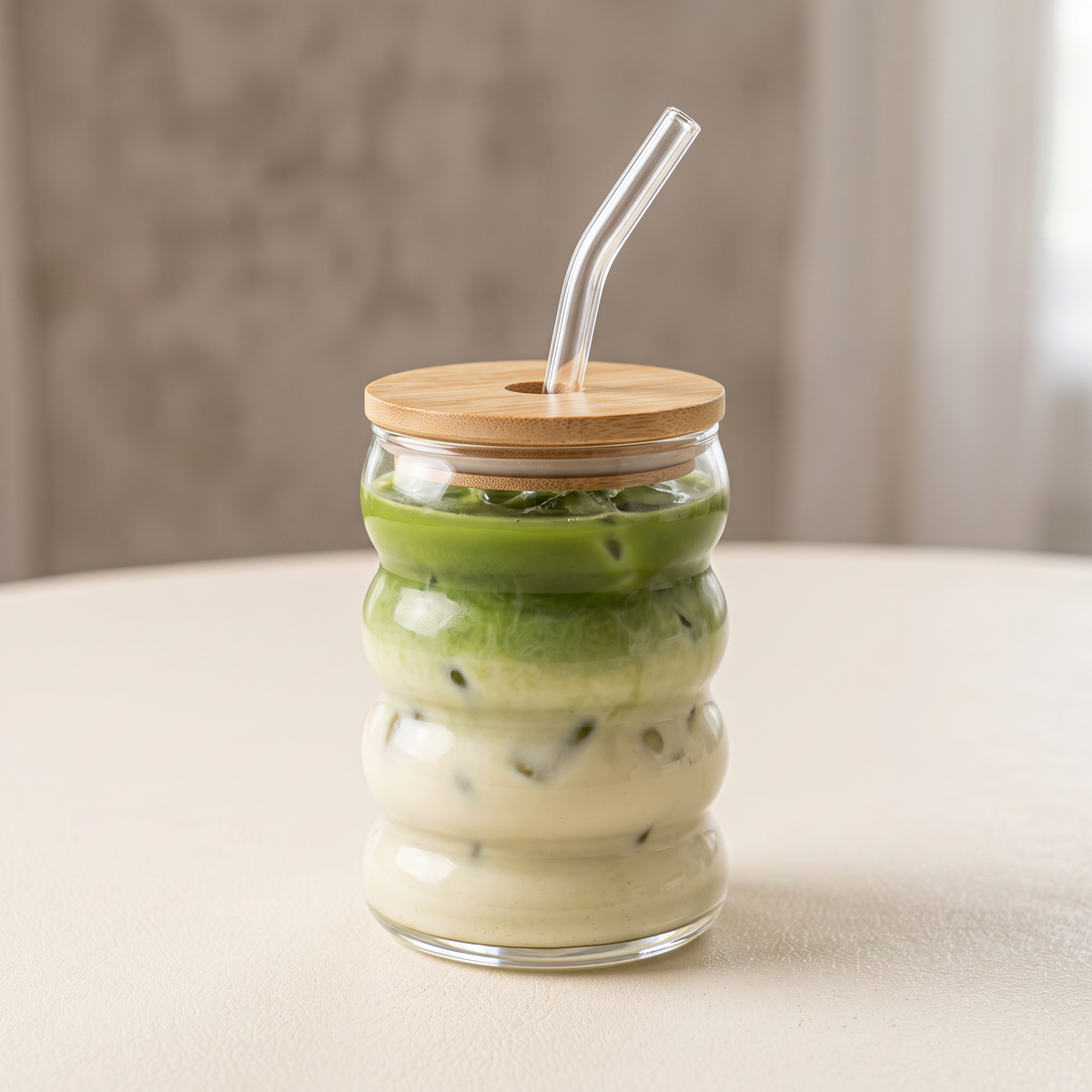 In use: iced matcha latte in the ripple glass cup with bamboo lid and glass straw
