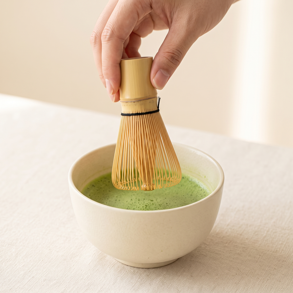 In use: lowering the 100-Prong Bamboo Matcha Whisk into a matcha bowl