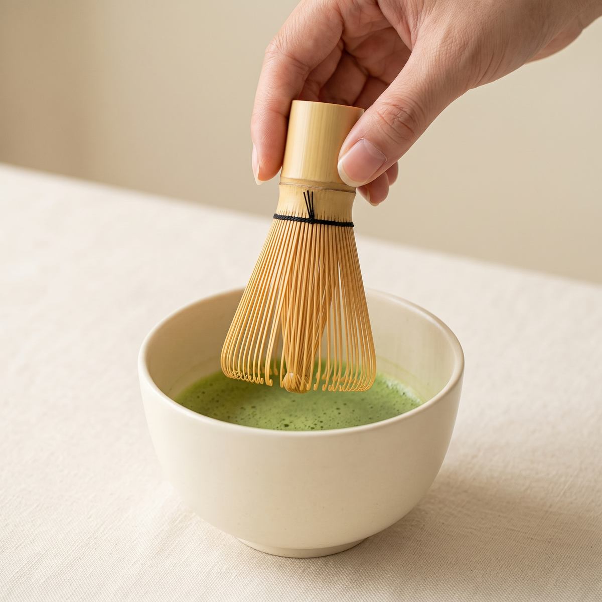In use: lowering the 120-Prong Bamboo Matcha Whisk into a matcha bowl