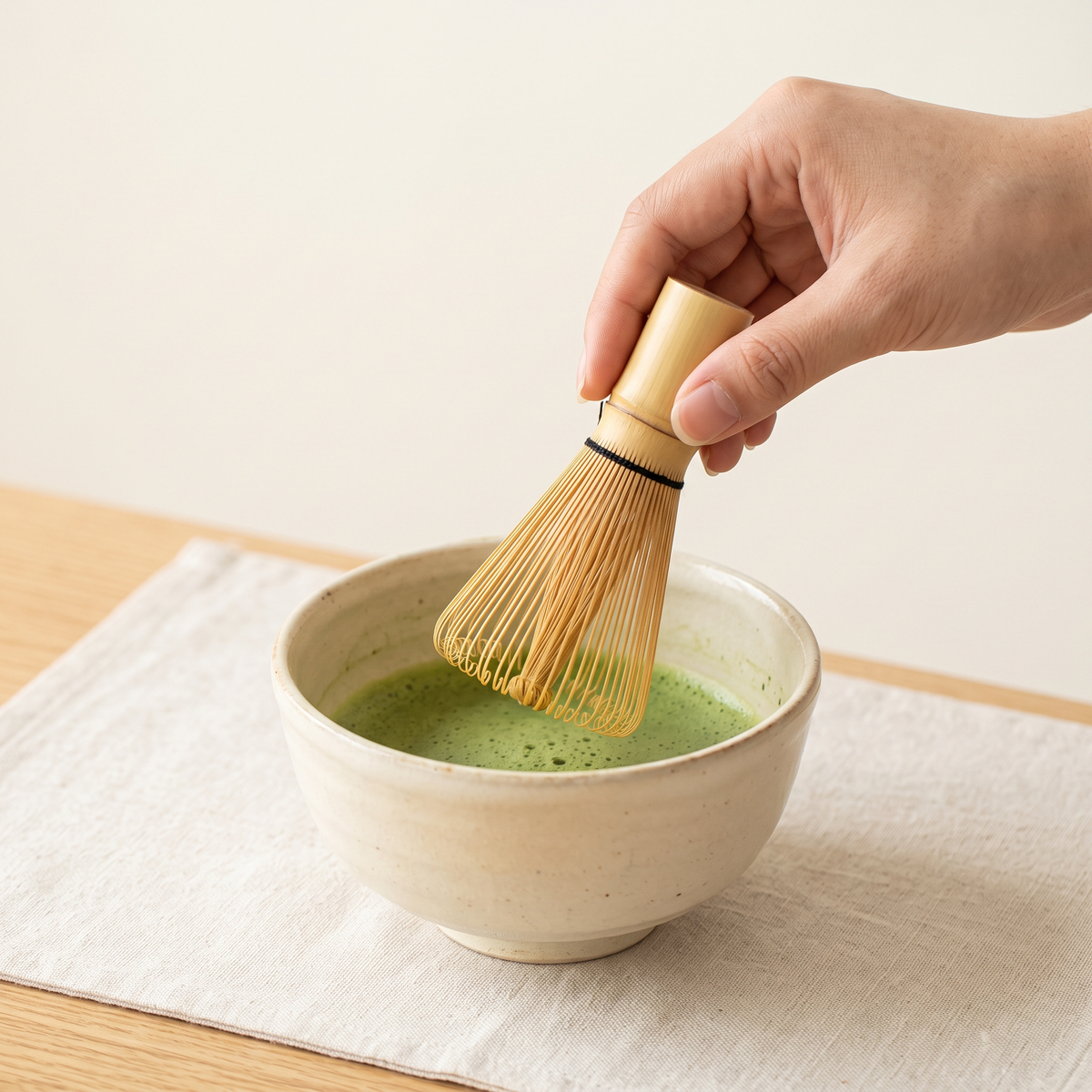 In use: lowering the 64-Prong Bamboo Matcha Whisk into a matcha bowl