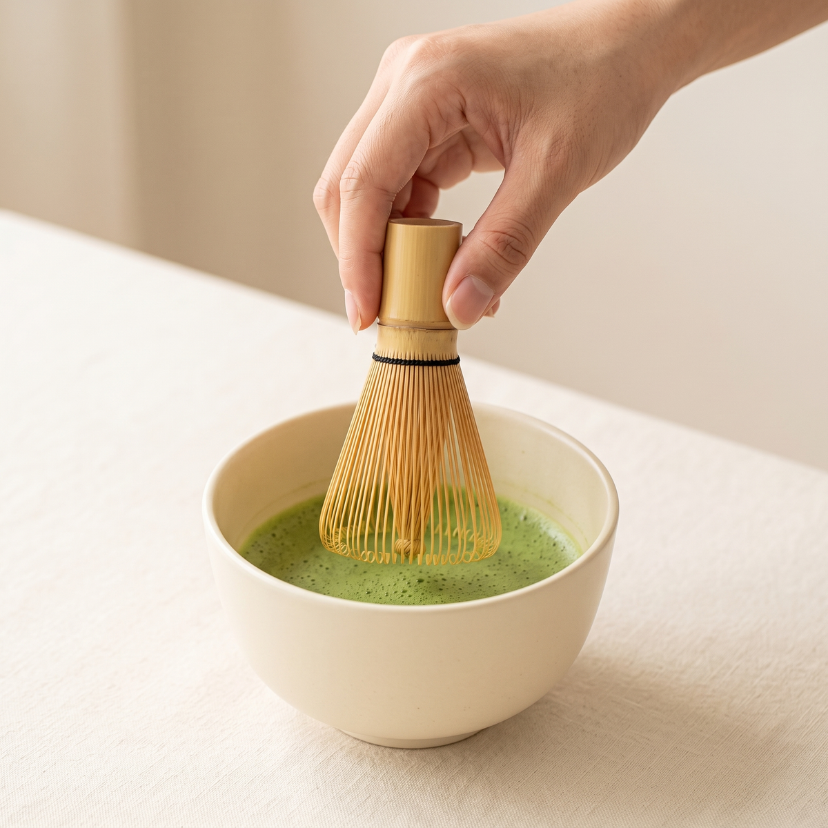 In use: lowering the 70-Prong Bamboo Matcha Whisk into a matcha bowl
