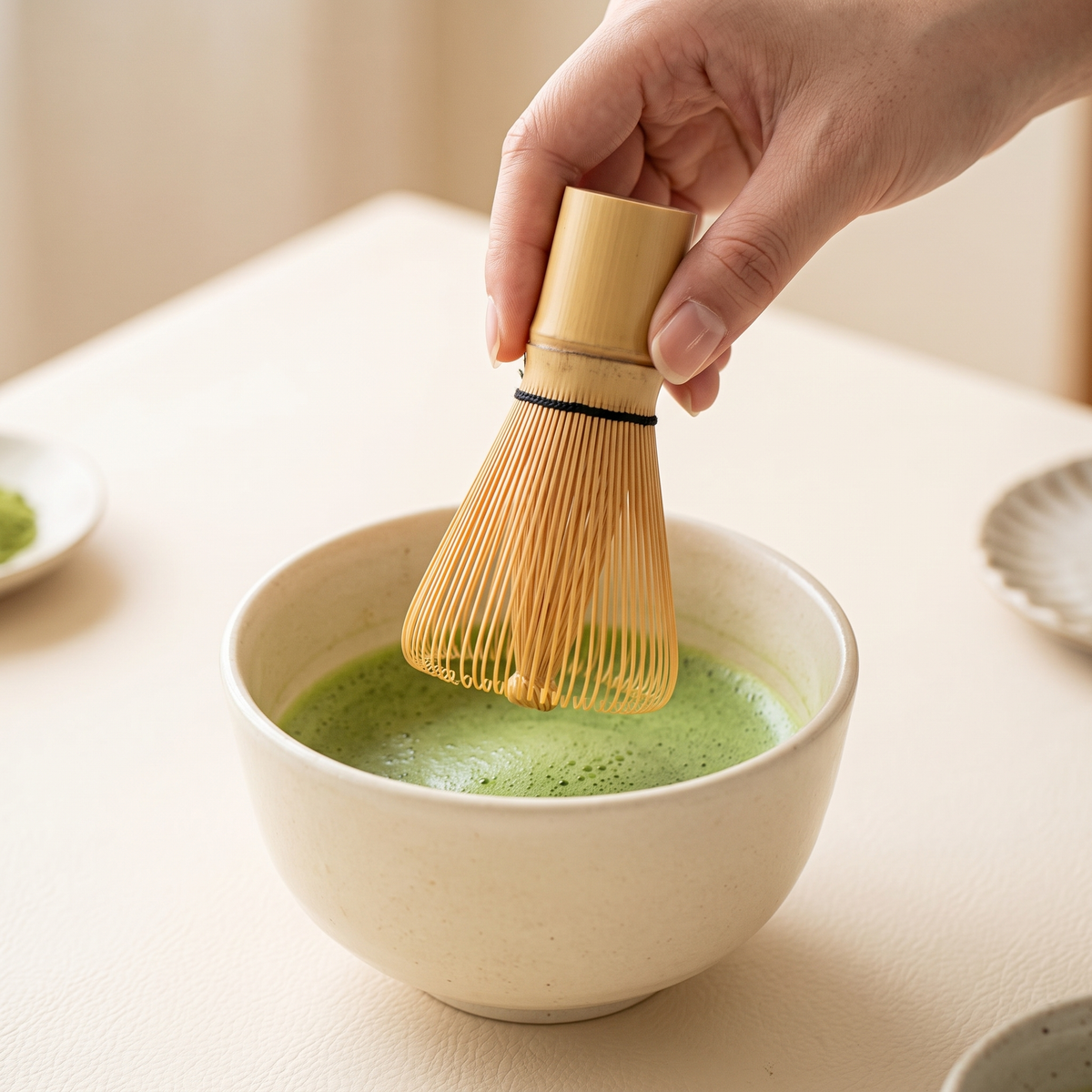 In use: lowering the 80-Prong Bamboo Matcha Whisk into a matcha bowl