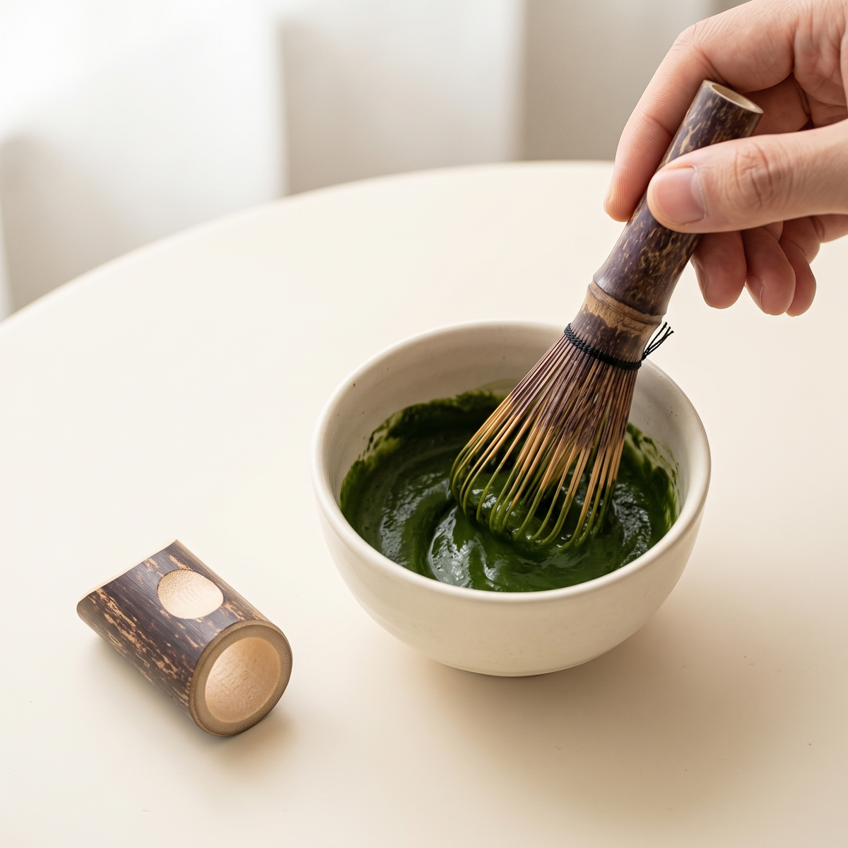 In use: Long-Handle Bamboo Matcha Whisk, 32 prongs, kneading thick matcha with its bamboo stand set beside the bowl