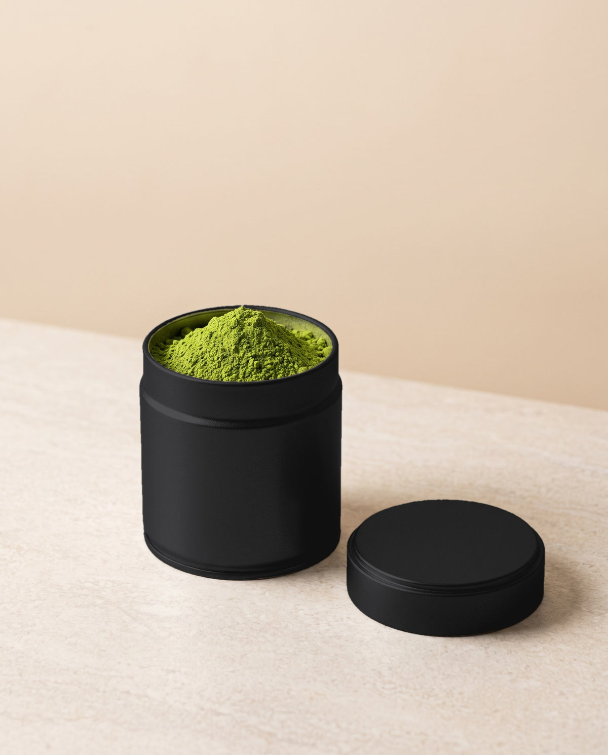 In use: Matcha Storage Tin – Black, Large (60×68mm)