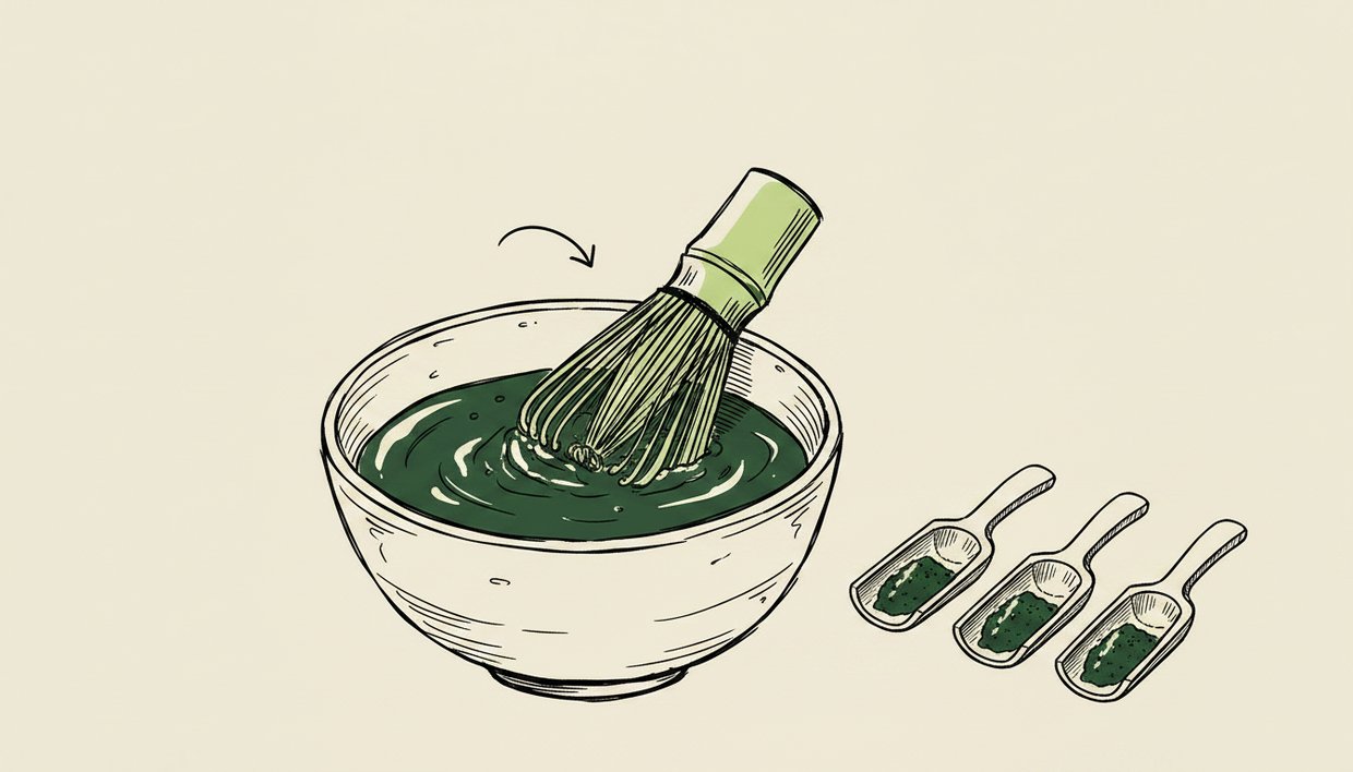 Illustration of thick koicha-style matcha kneaded with a bamboo whisk