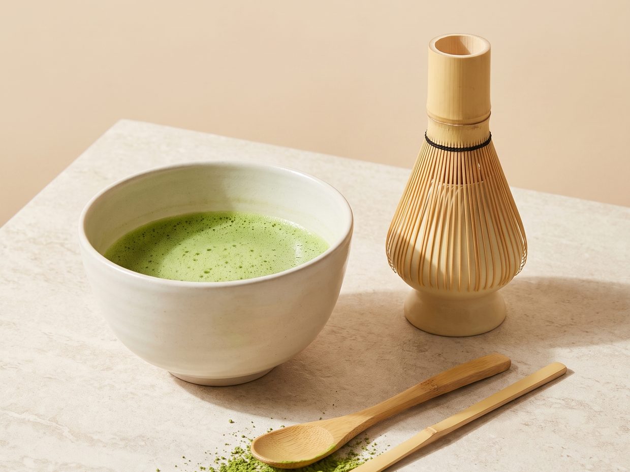 Matcha bowl, whisk on its holder, bamboo scoops and powder